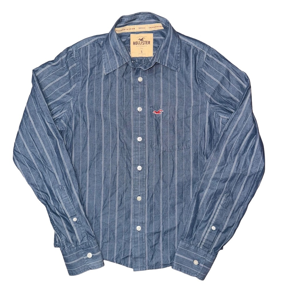 Hollister Long Sleeve Button Down‎ Pinstripe Surfer Cut Shirt Y2K Logo Preppy